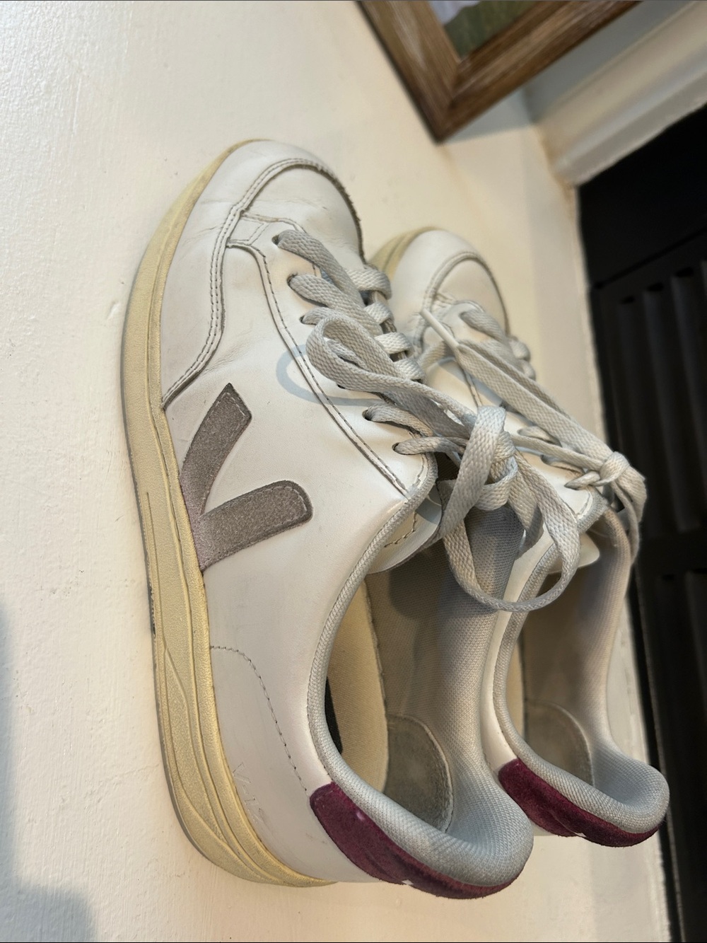Veja Leather Sneakers in White with Tan 'V' and purples Heel